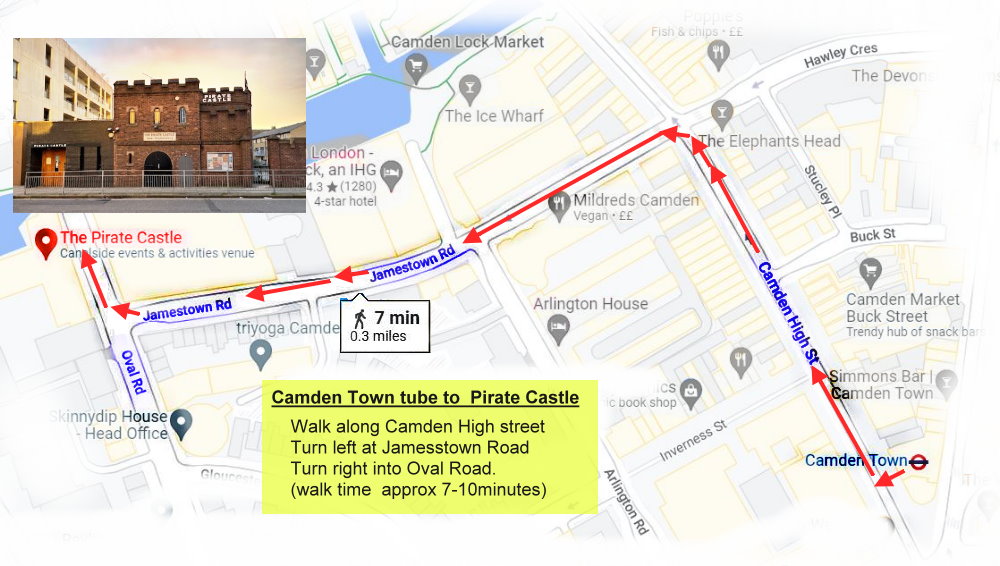 Map of the route from Camden Town tube to the Pirate Castle